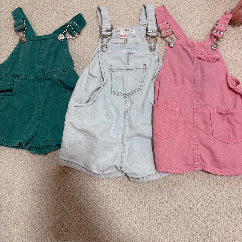 Zara Kids Denim Shortalls set of three in Green, Light Blue & Pink